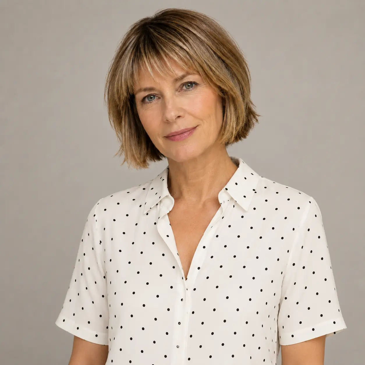 Blonde-gray textured bob with soft bangs framing the face and adding movement