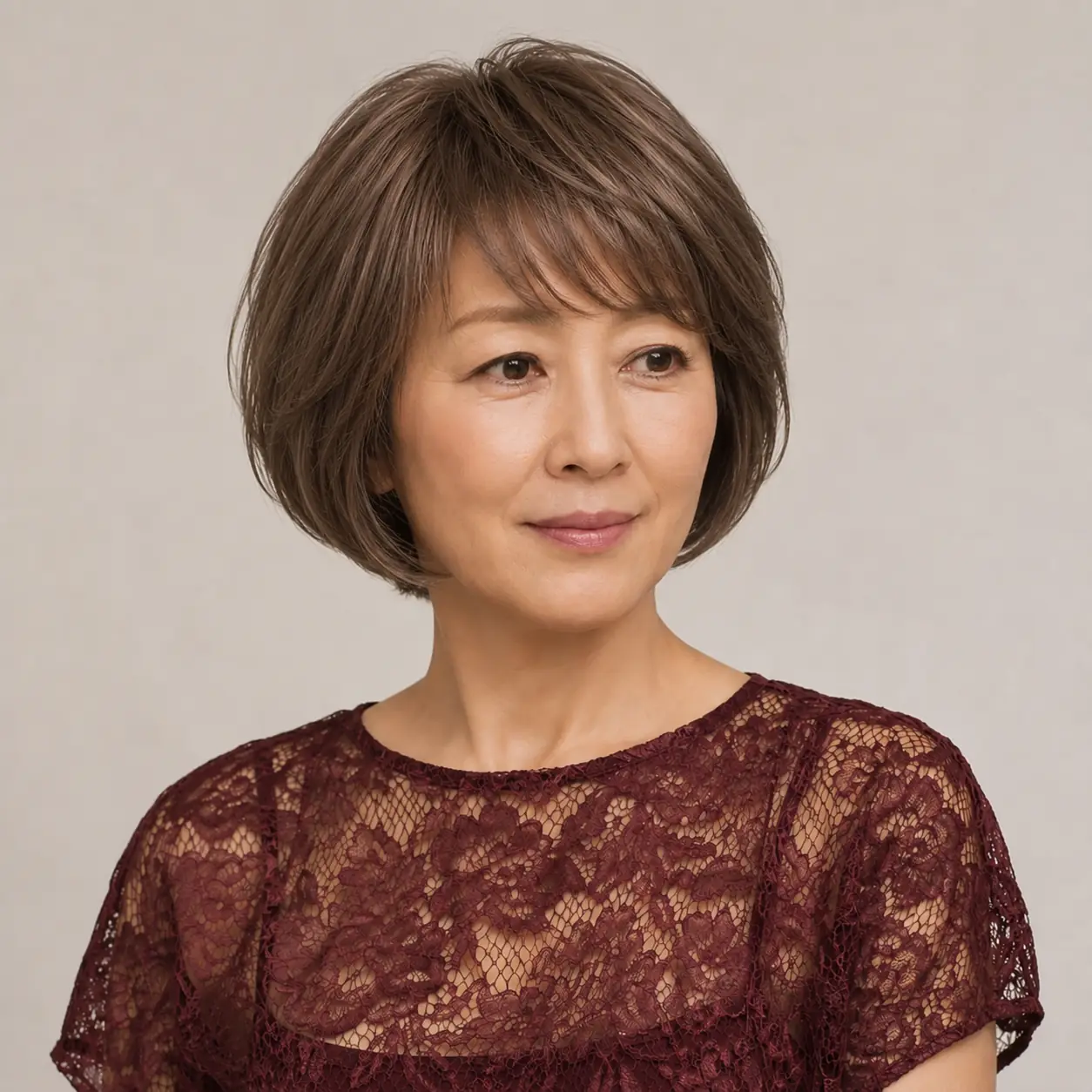 Gray-brown textured bob with a soft fringe framing the face, modern and easy