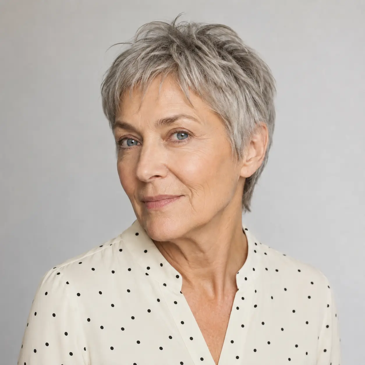 Spiky textured gray pixie, an easy modern crop full of movement over 50
