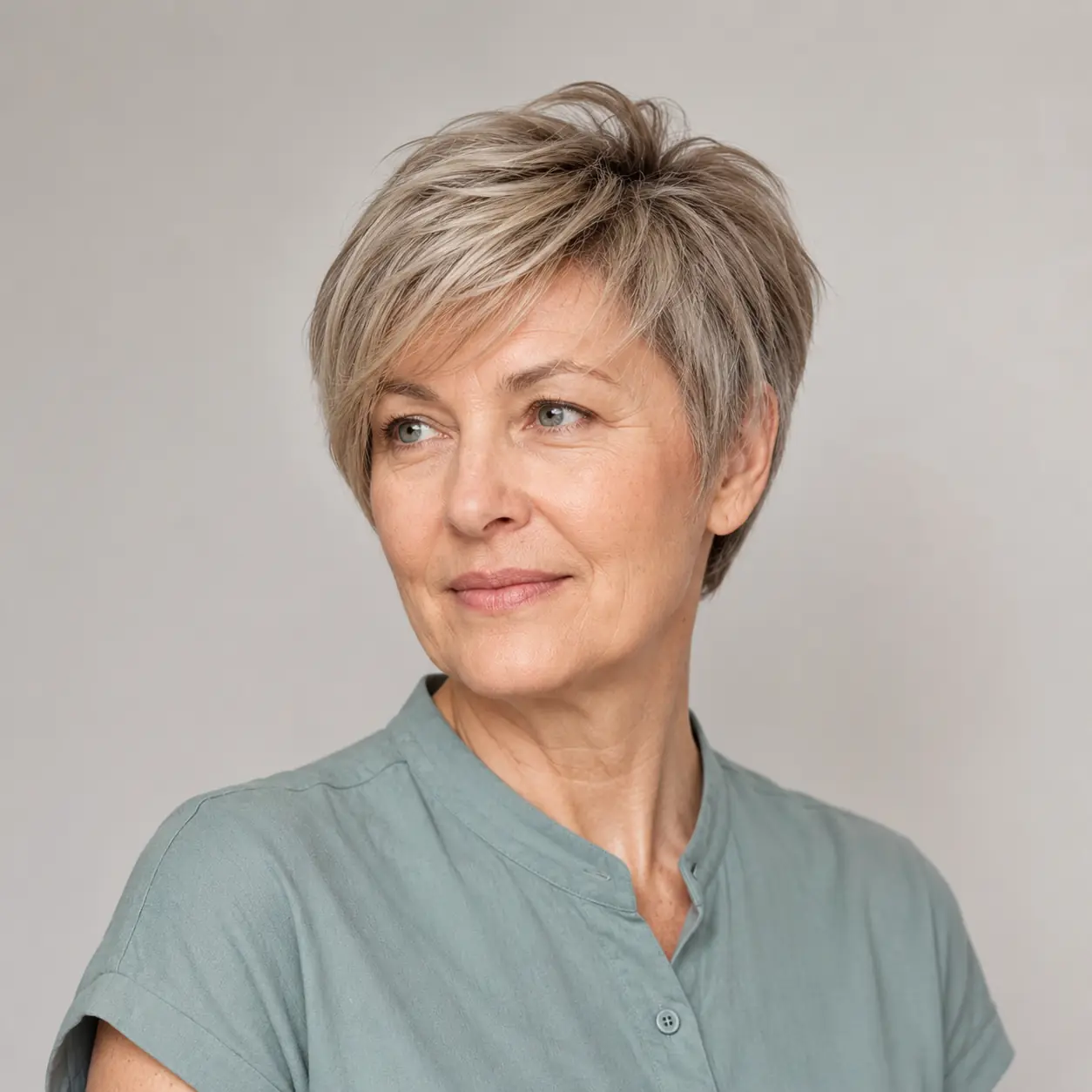 Soft-textured silver-blonde pixie kept airy and current on a woman over 50