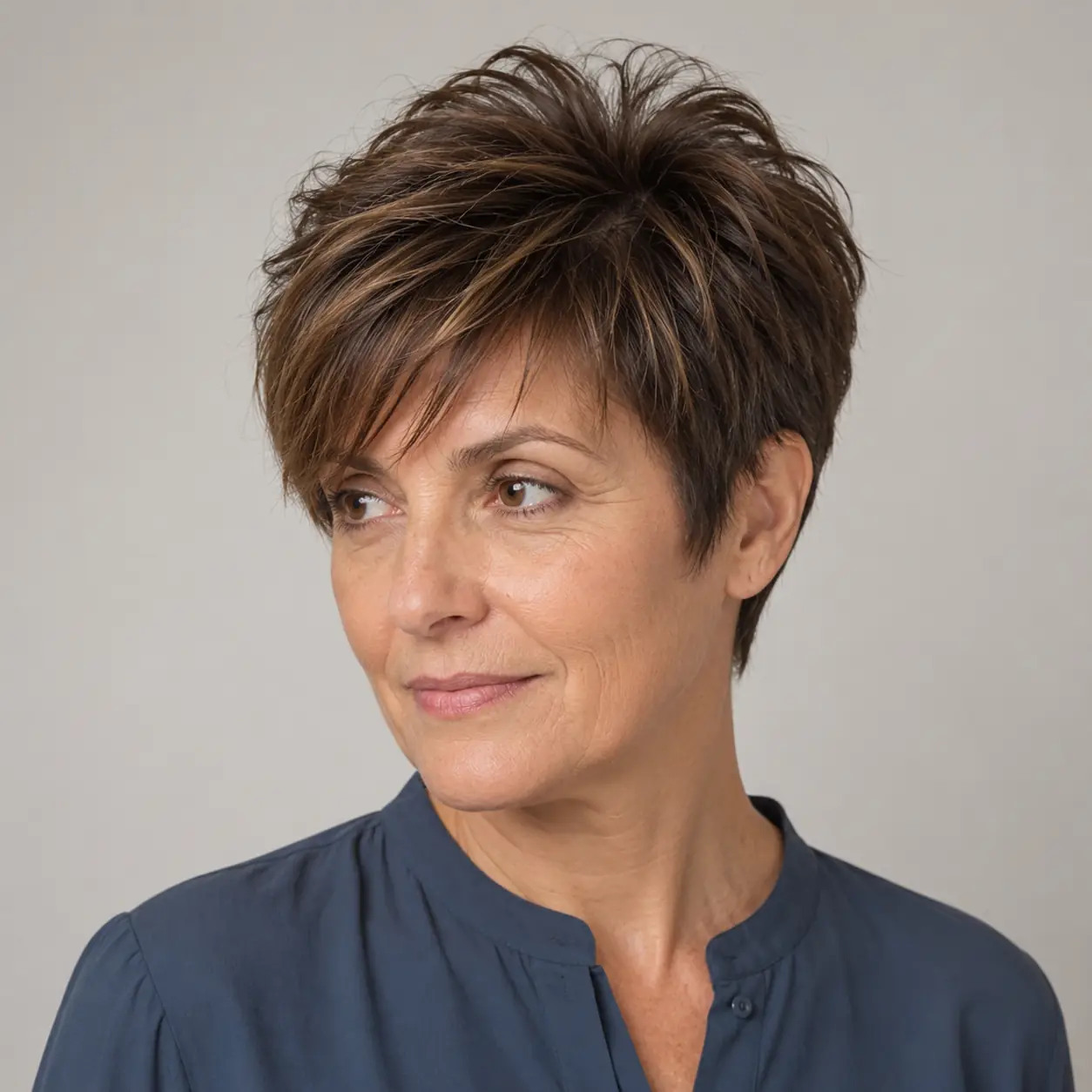 Tousled warm brown pixie with piecey layers and crown volume for a modern look over 50
