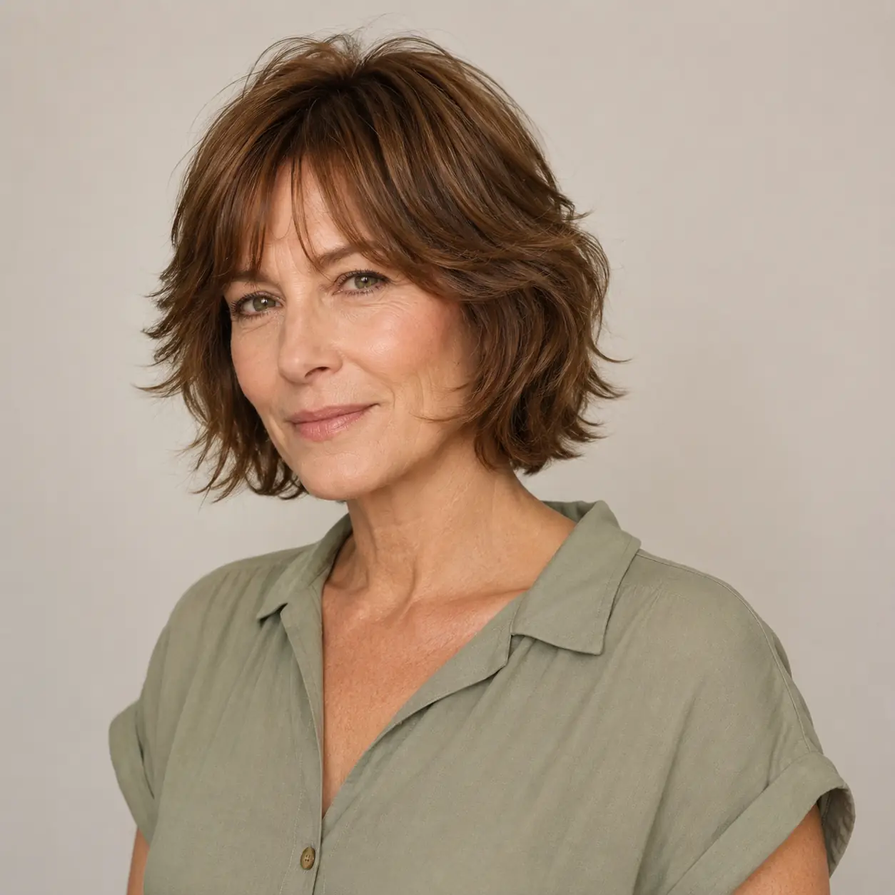 Brown shaggy bob with tousled layered texture, cool and current over 50