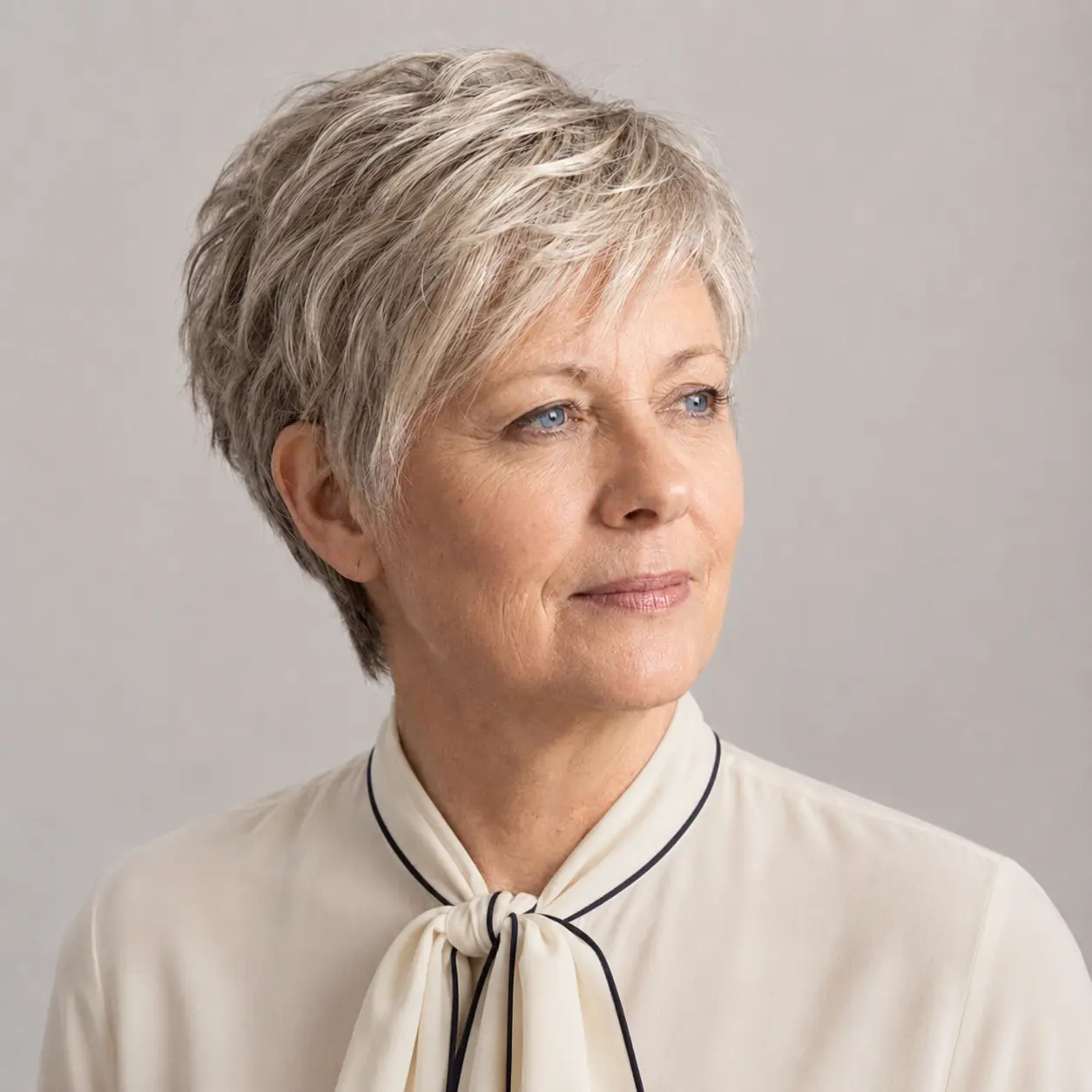 Tousled bright silver pixie with soft piecey texture and a thoroughly modern shape