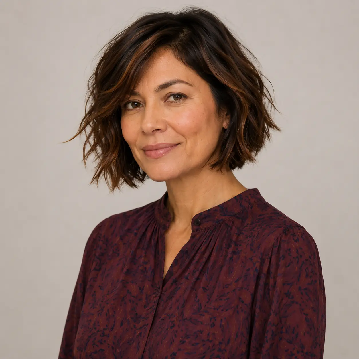 Dark wavy bob with tousled layered texture, soft and current on mature hair