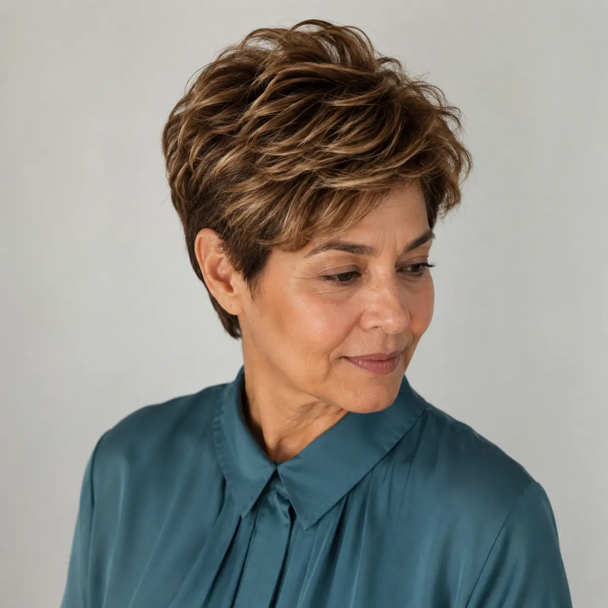 Textured caramel pixie with volume up top and dimensional warm color over 50