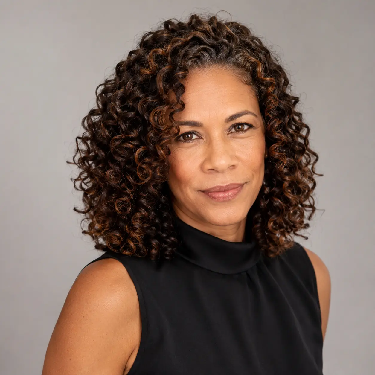 Full dark voluminous curls worn long with body and shine on a woman over 50