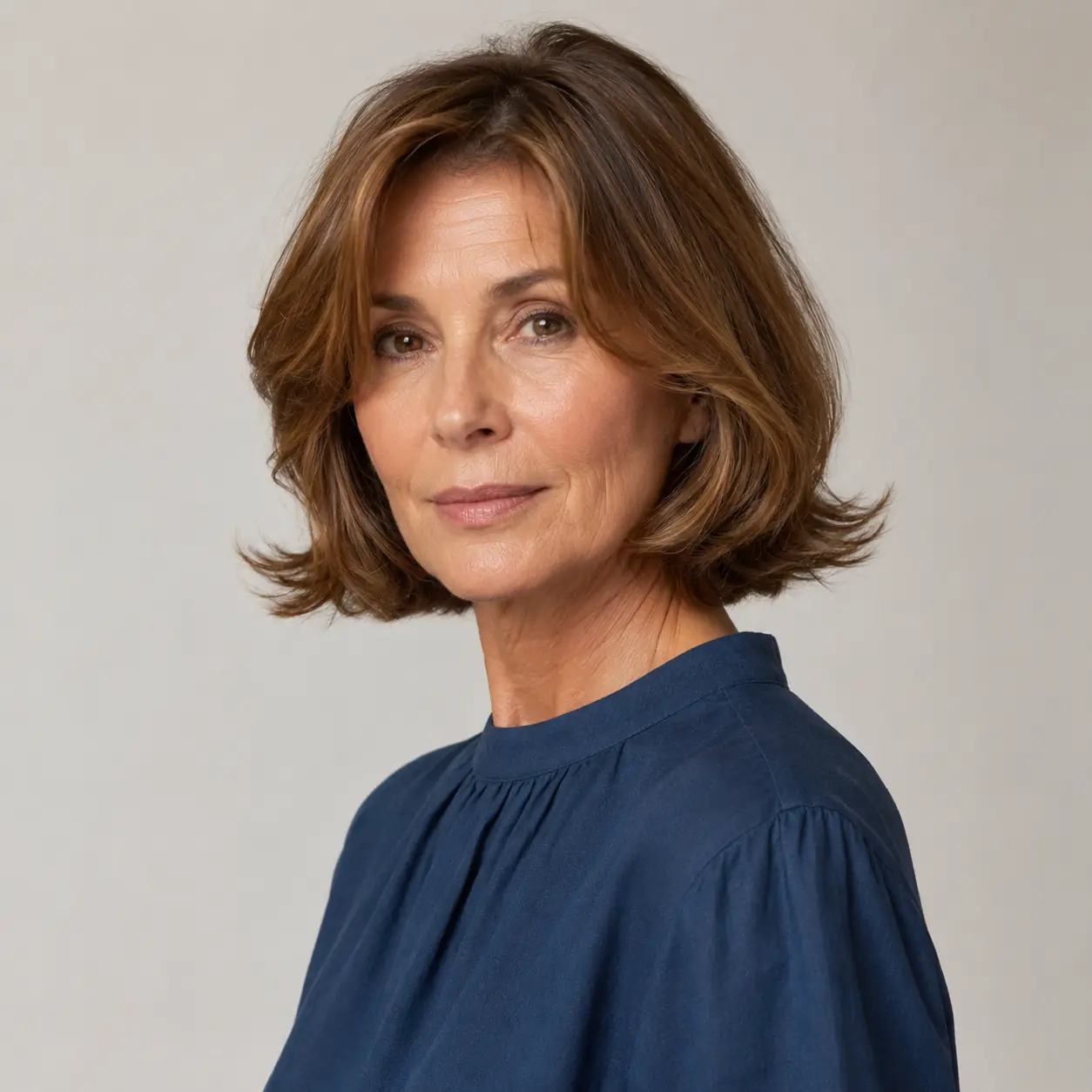 Warm auburn bob swept off the face with real volume, full and youthful over 50