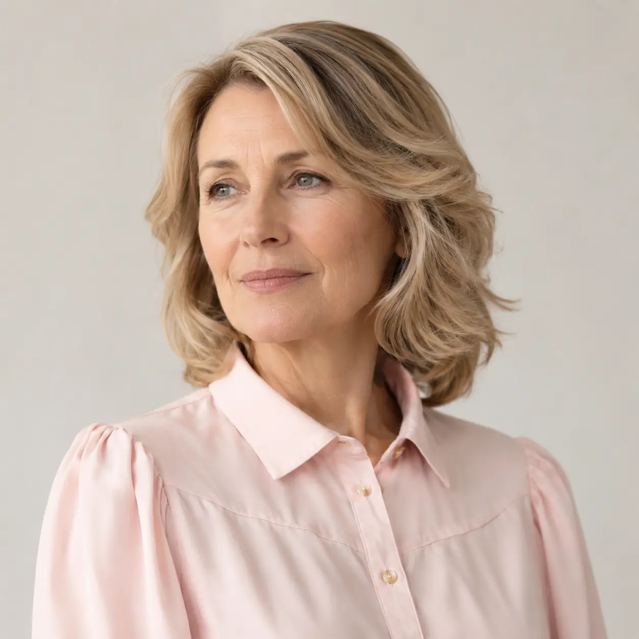 Blonde-gray wavy layered bob with a side part, soft and modern over 50