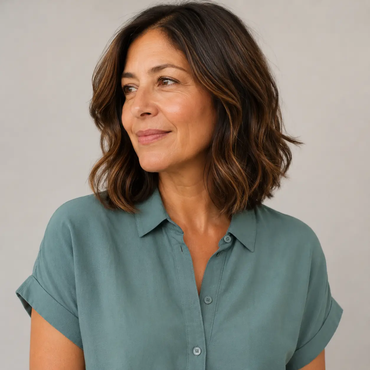 Brown wavy lob swept to one side, relaxed and current with soft texture