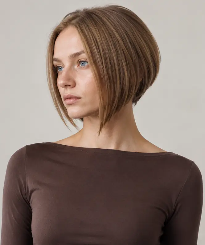 Bronde angled A-line bob, shorter at the back and longer at the front, on straight hair