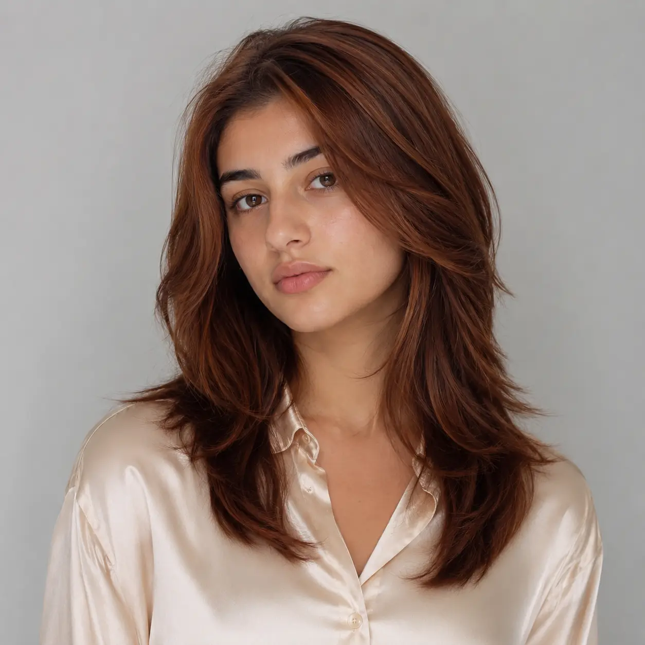 Long tousled shag layers in warm auburn with plenty of movement on thick hair