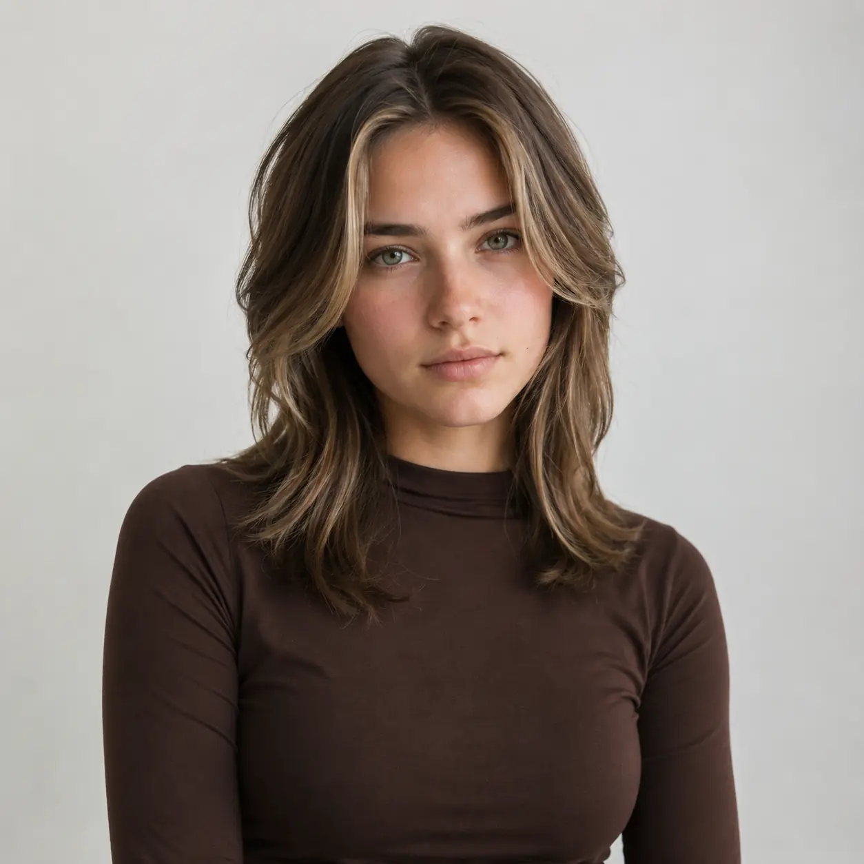 Warm balayage layered lob with soft color and loose wavy movement