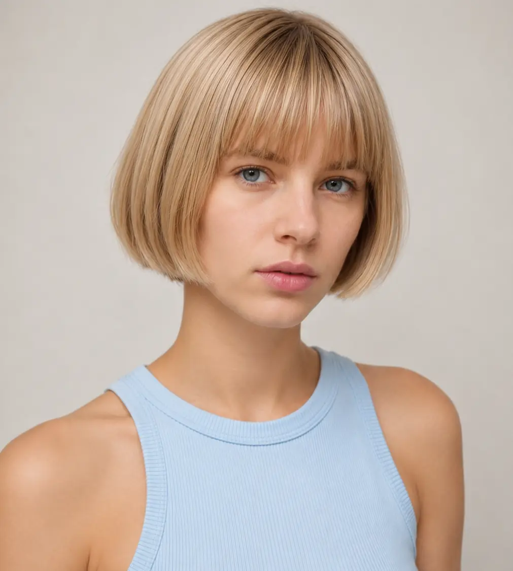 Blonde chin-length bob with a soft full fringe framing the eyes on straight medium hair