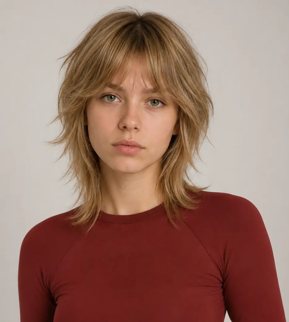Blonde wolf cut with choppy top layers and a longer shaggy perimeter