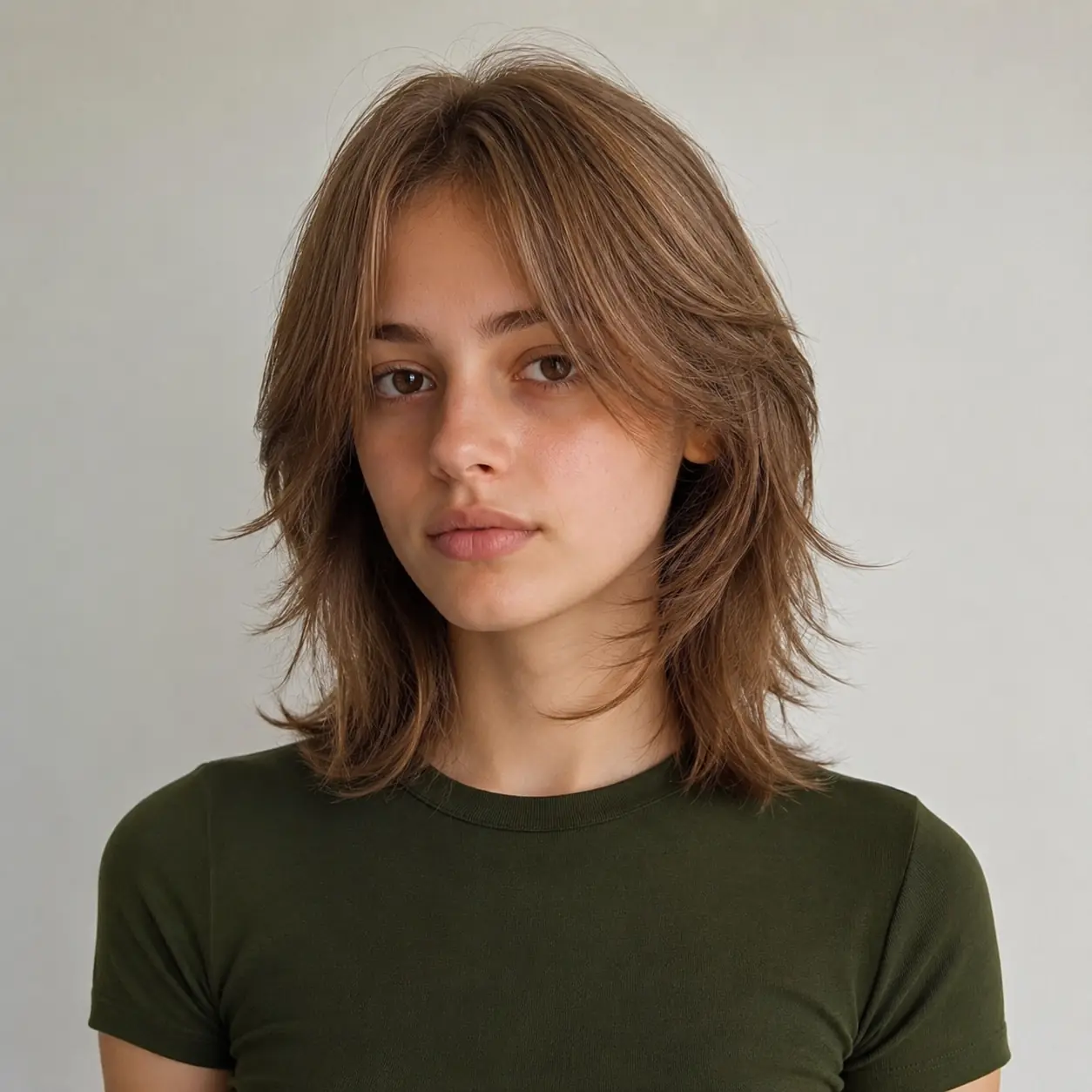 Bronde shag lob with curtain bangs and dimensional layered texture