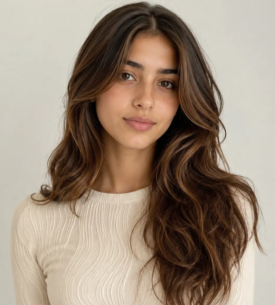 Long brown layers with soft balayage and natural wave for a sun-warmed glow