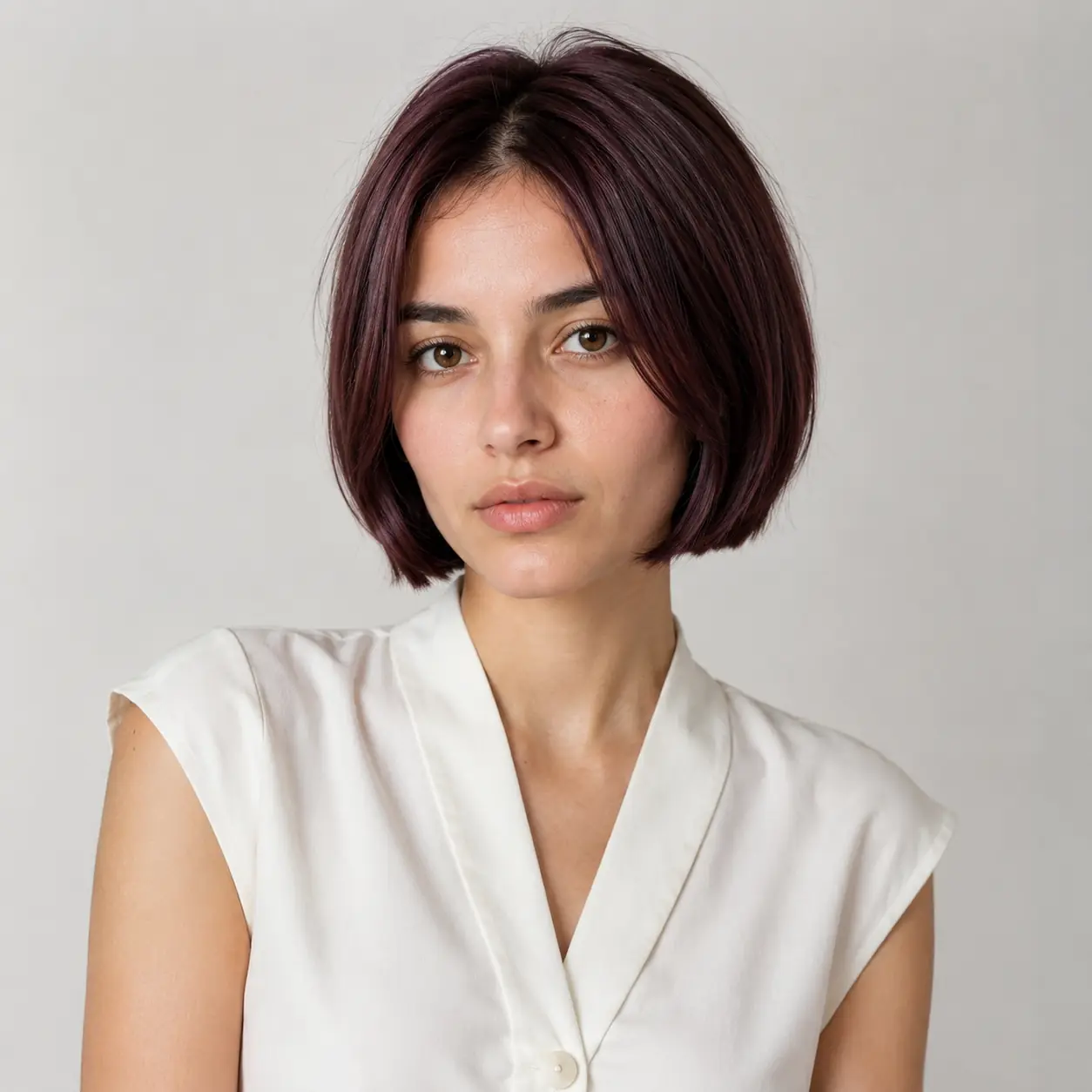 Deep burgundy blunt bob at chin length with a rich wine-toned glossy finish