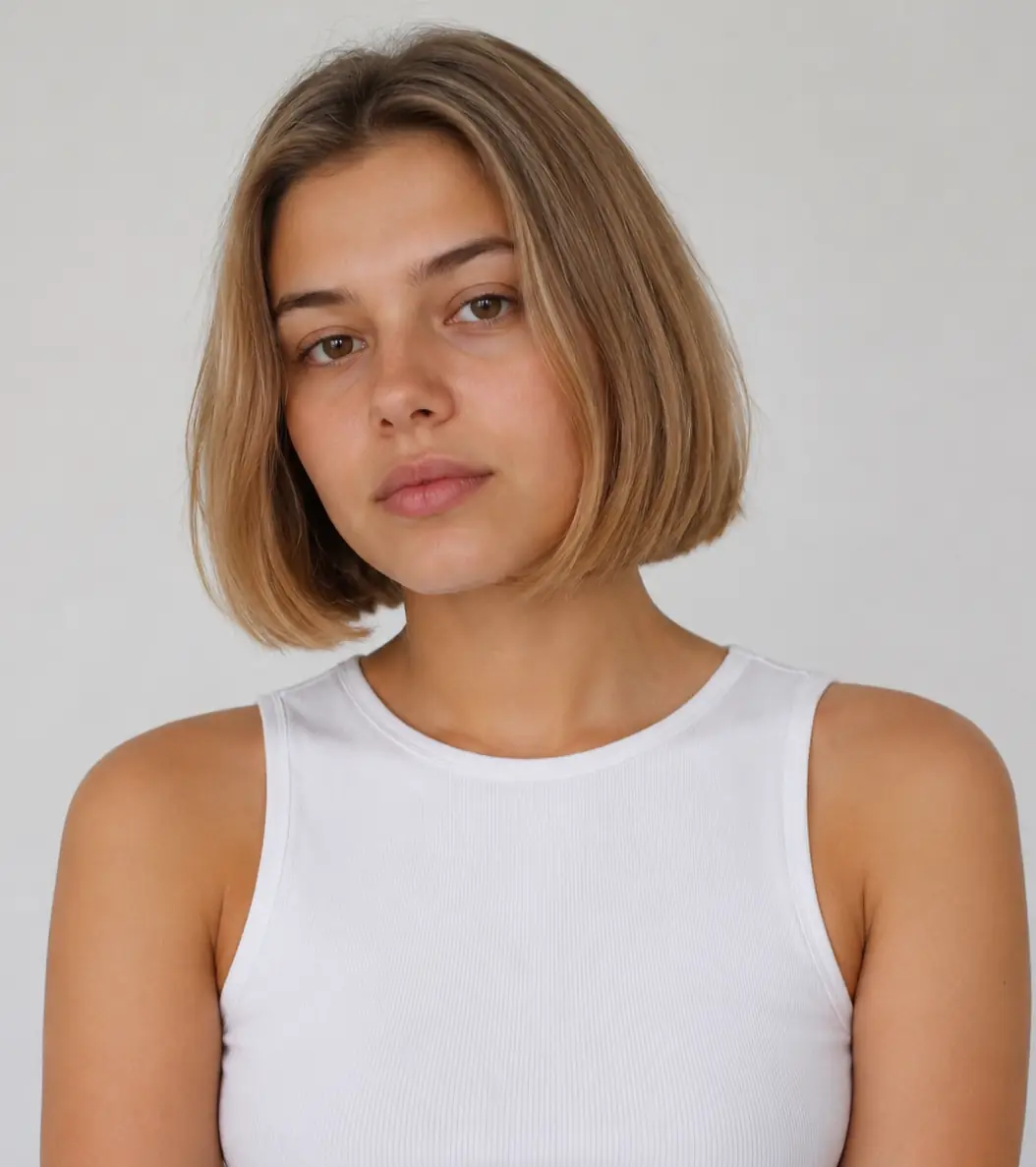 Chin-length blunt bob in soft blonde with a center part on straight hair for a young woman