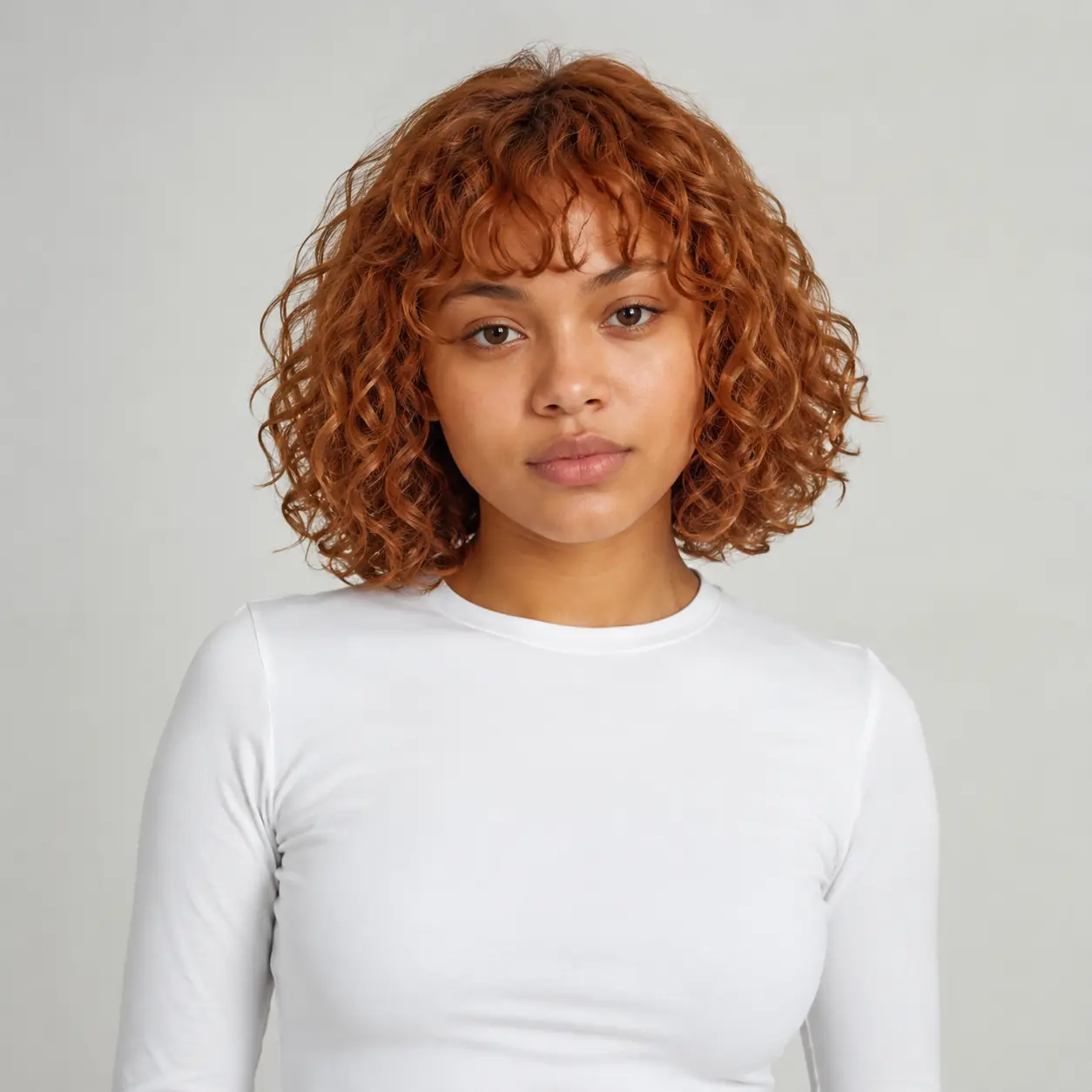 Warm copper curly bob with a soft fringe on bouncy natural curls