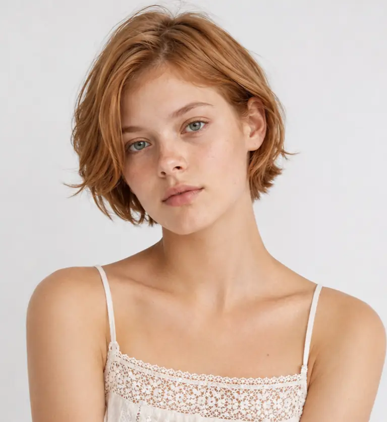 Short wavy bob in warm copper with tousled beachy movement