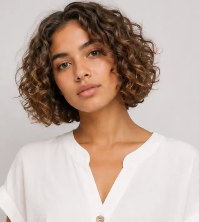 Rounded curly chin-length bob full of bounce on natural 3b curls