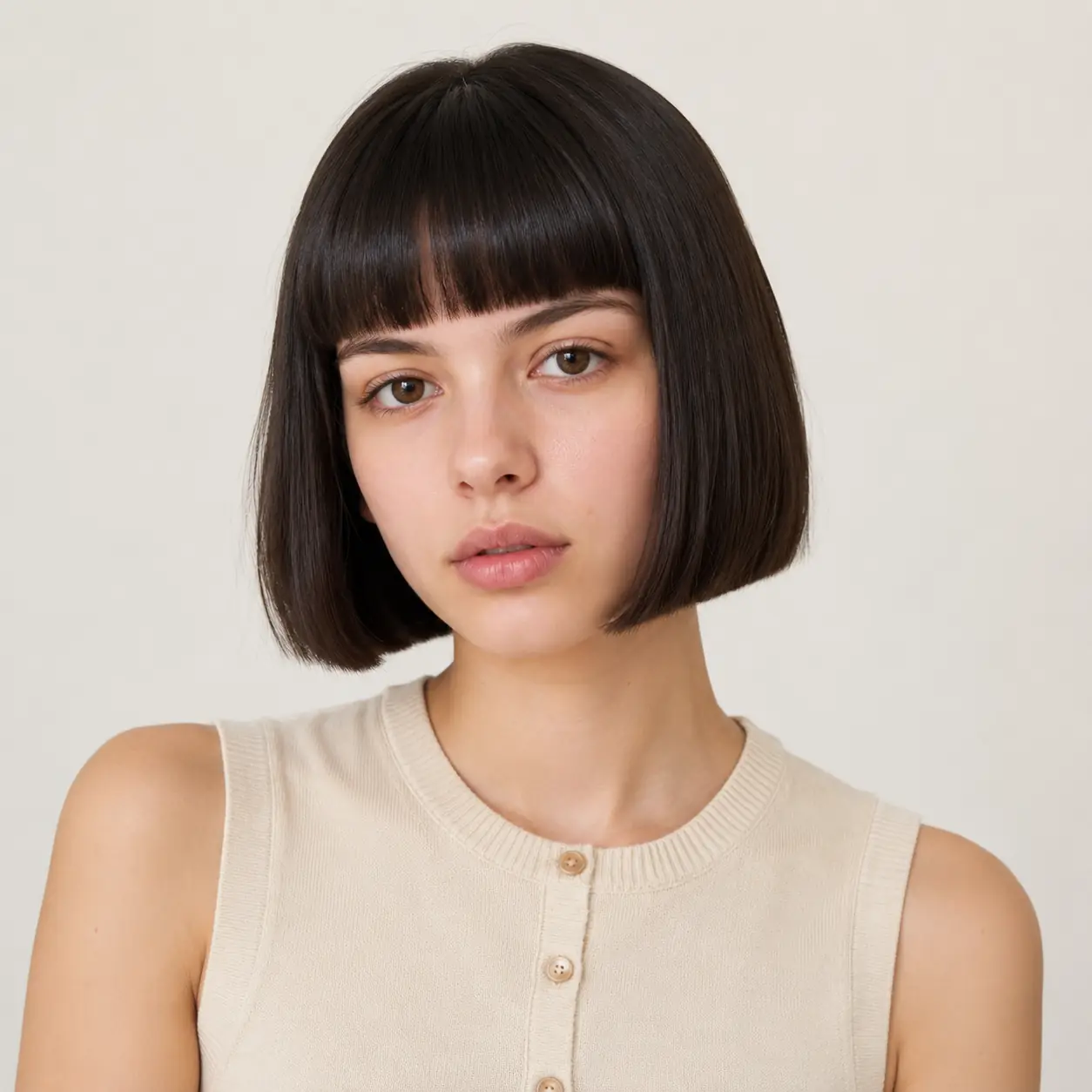 Short blunt French bob with a straight micro-fringe on dark straight hair