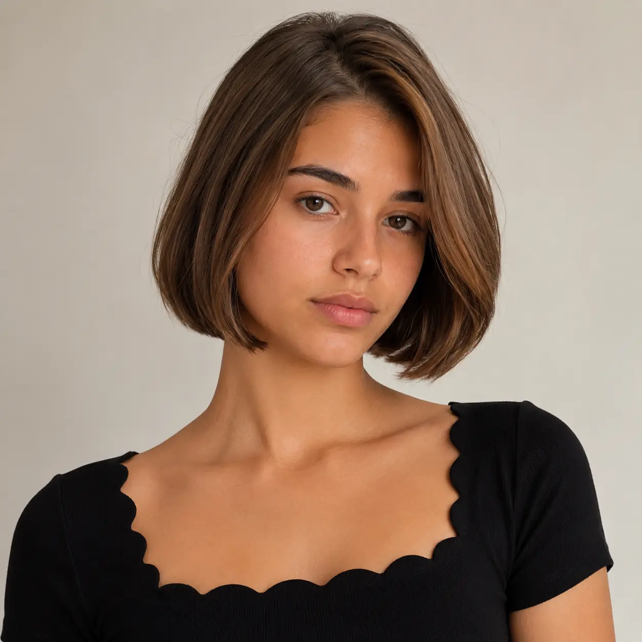 Sleek glossy brown bob at chin length with a timeless polished shape