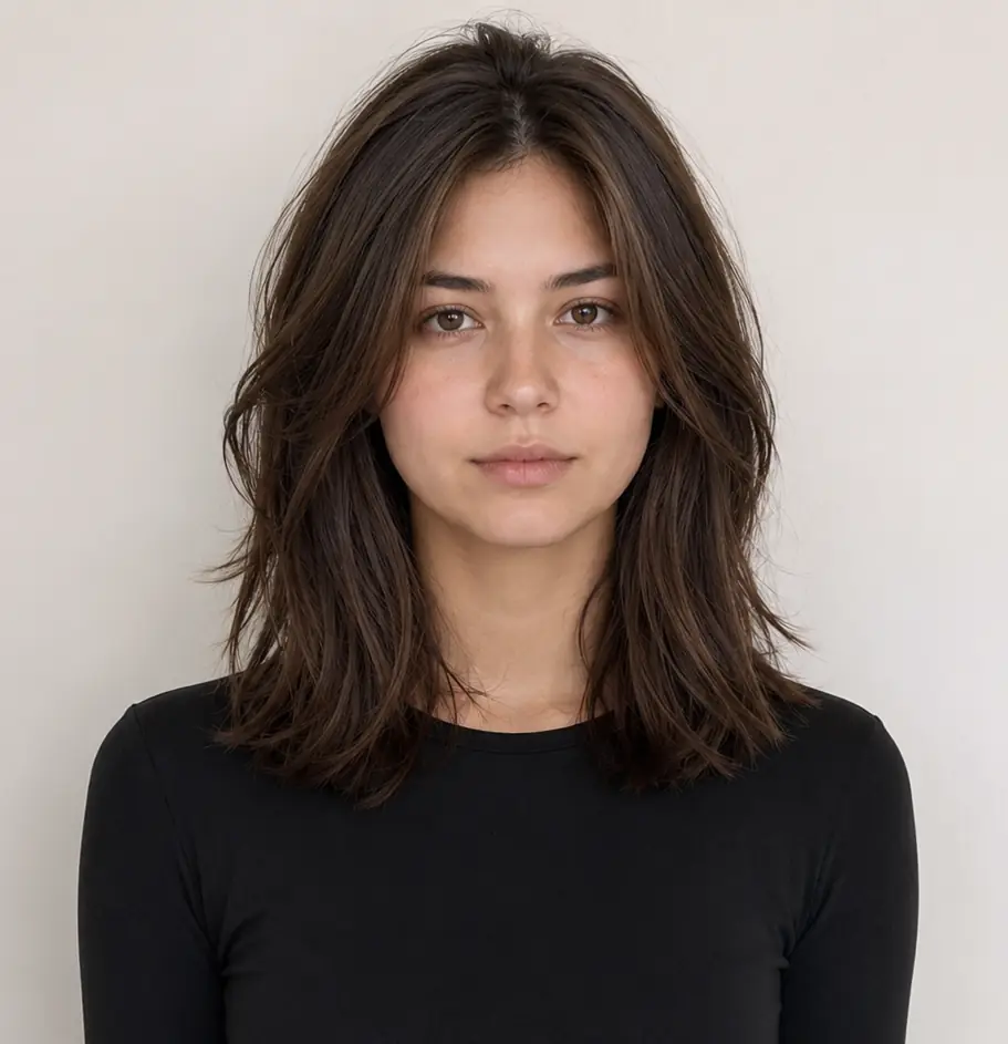 Dark layered lob with a center part, sleek but full of movement