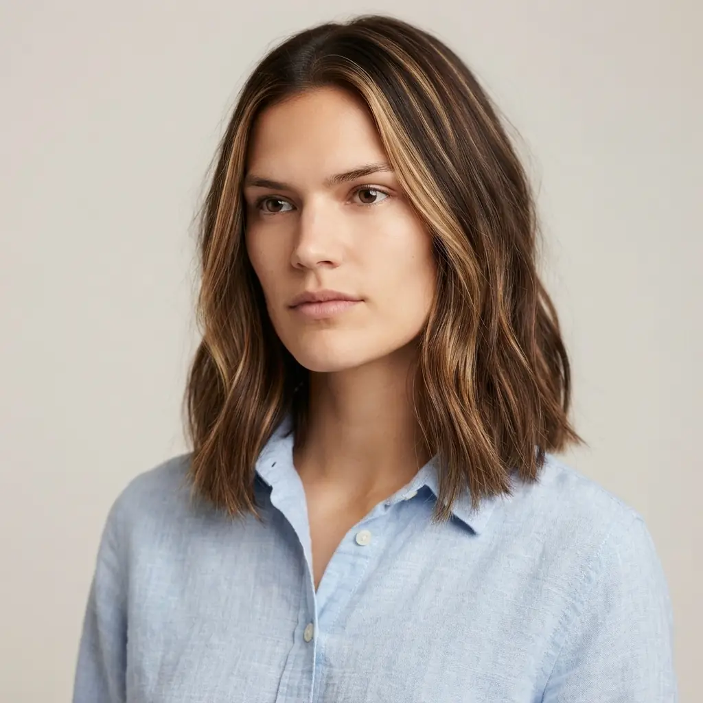 Collarbone-length layered lob with soft movement on straight-to-wavy hair