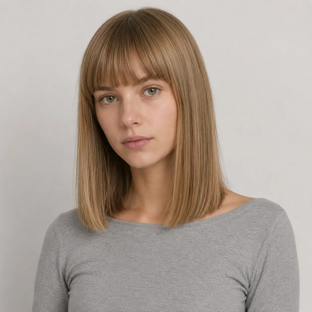 Straight blonde lob with a full blunt fringe for a graphic, bold look