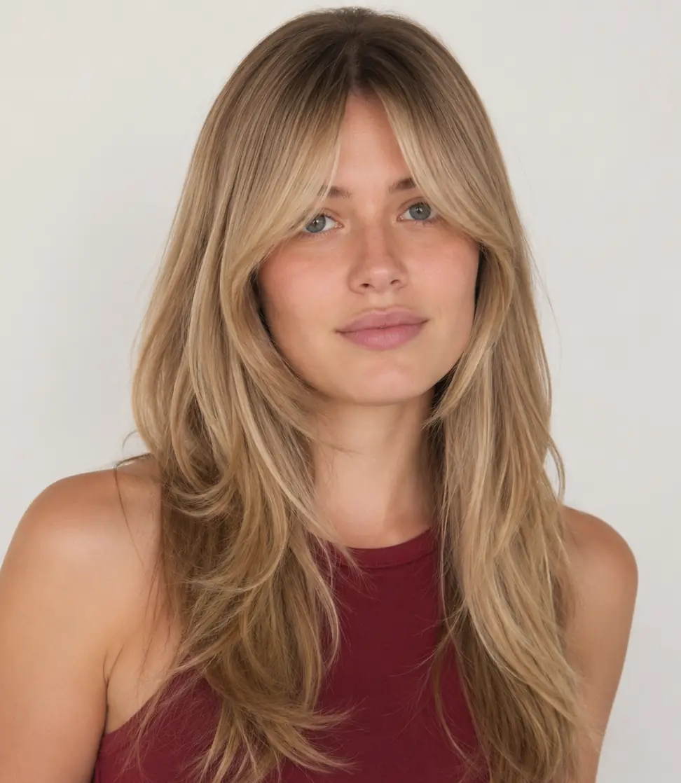 Straight long layers with soft curtain bangs drawing the eye to the cheekbones