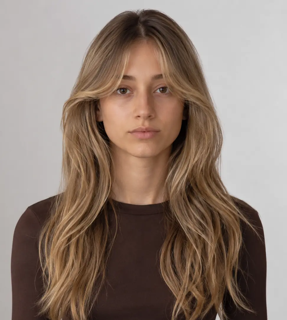 Long blonde waves with curtain bangs for a soft romantic frame