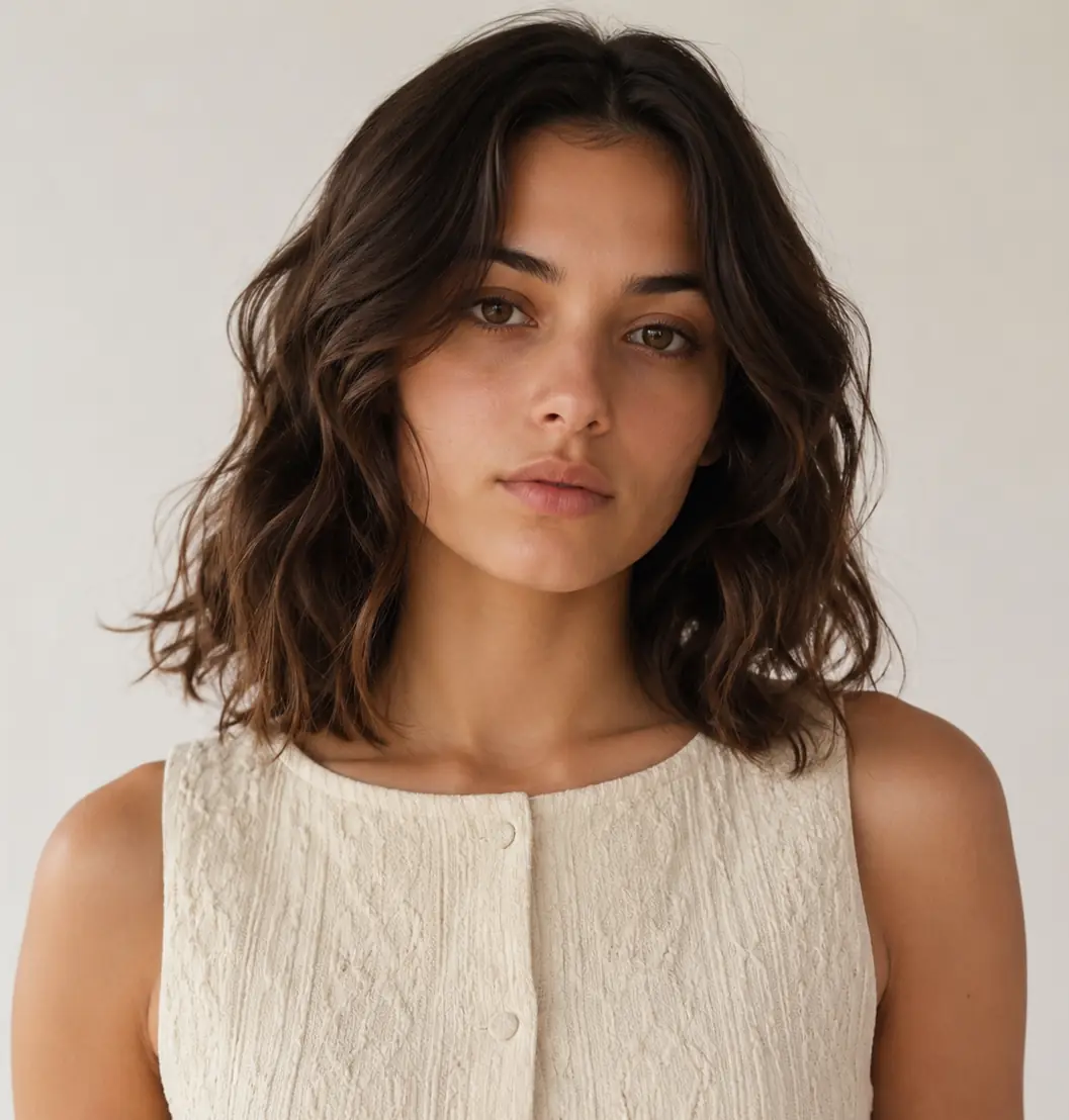 Long layers cut into naturally wavy brown hair framing the face