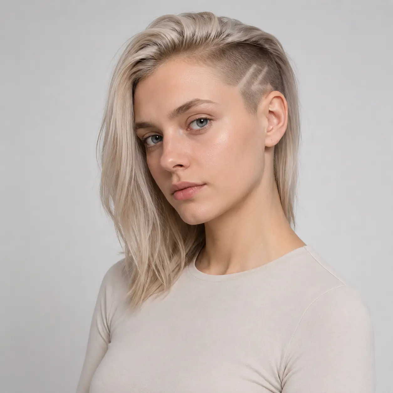 Platinum lob swept to one side with a hidden undercut for a modern edge