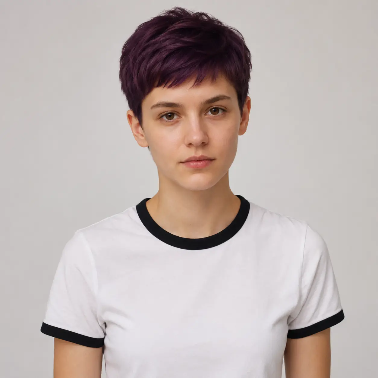 Short pixie in vivid purple, bold color on an easy-care cropped shape