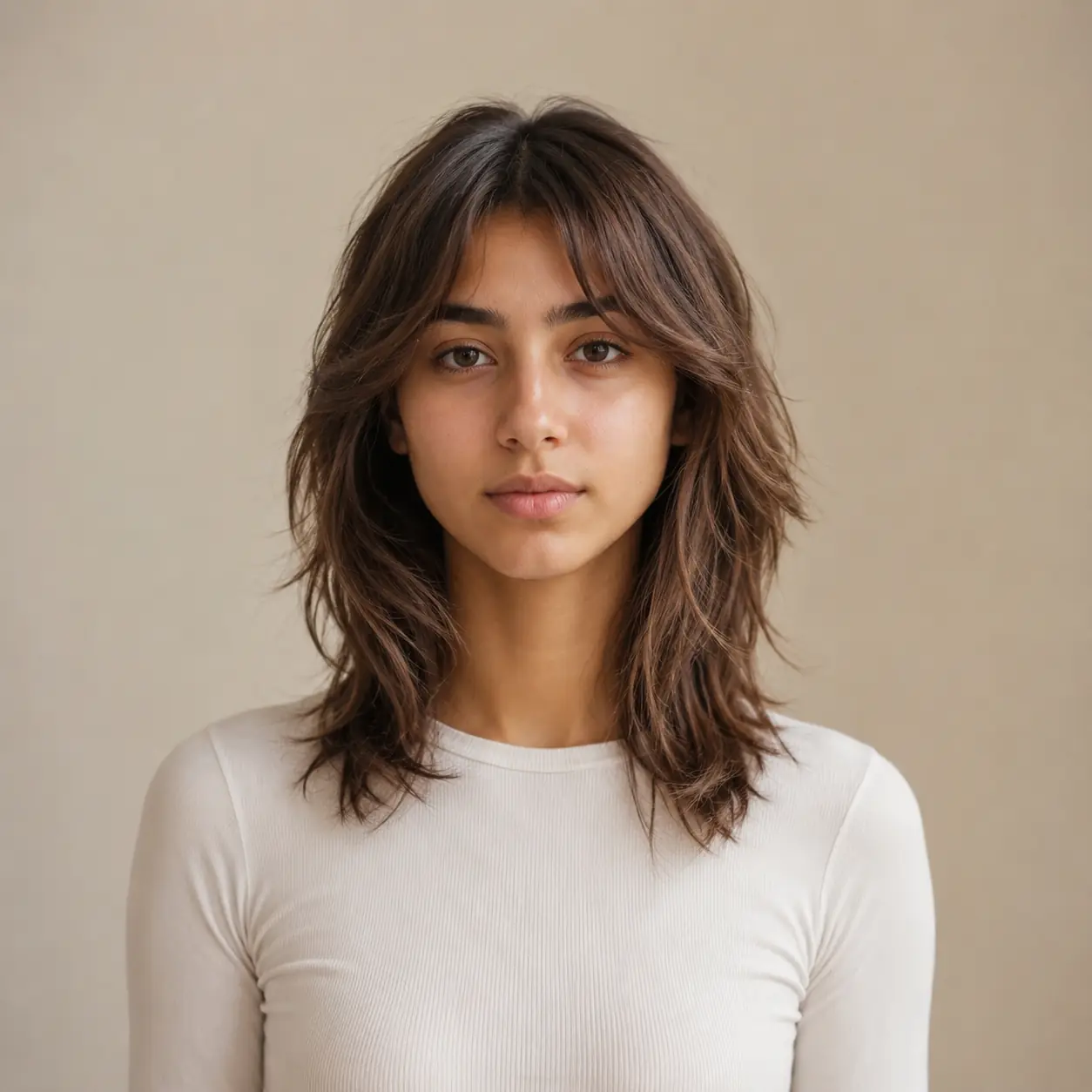 Brown shag lob with a soft fringe and plenty of textured movement