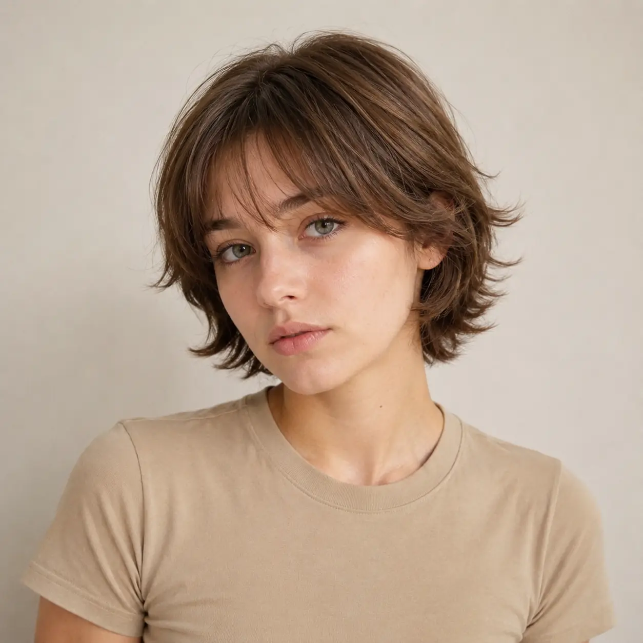 Wavy shaggy bob with curtain bangs and tousled, textured layers