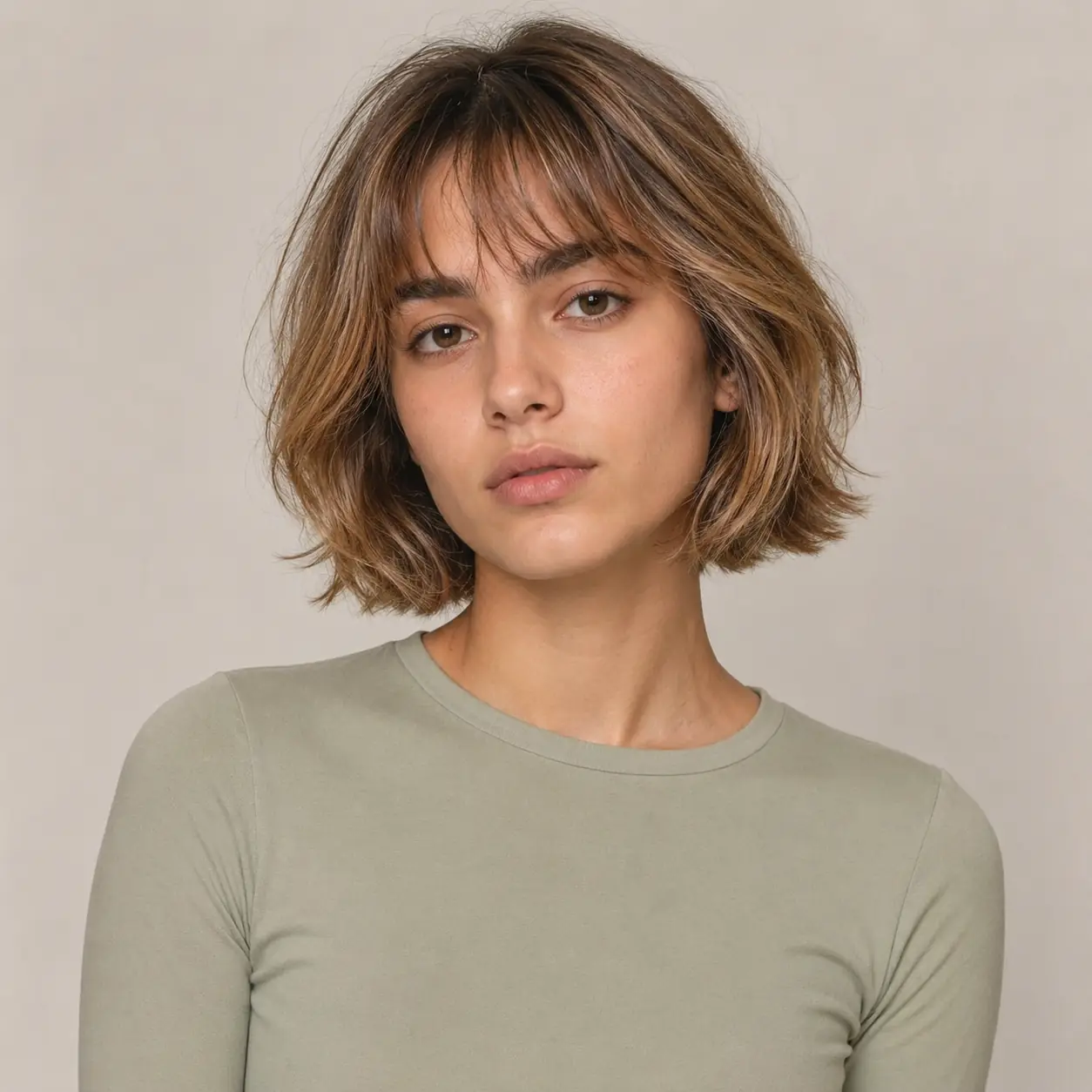 Wavy shaggy bob with see-through bangs and effortless tousled texture