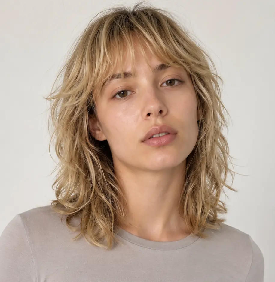 Tousled shaggy lob with a soft fringe and wavy lived-in texture