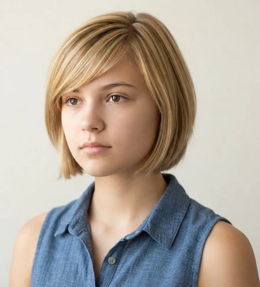 Blonde chin-length bob with a deep side part adding soft asymmetry