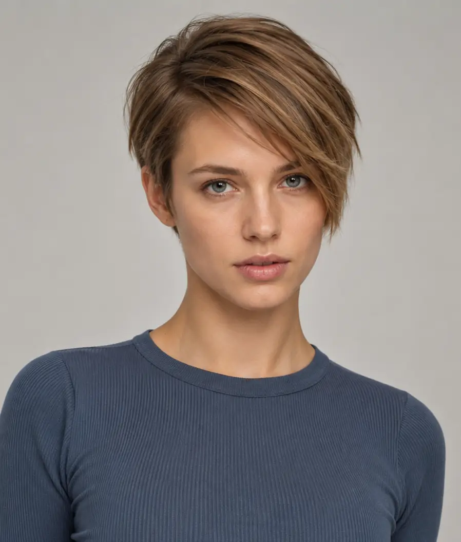 Blonde side-swept pixie with a longer fringe softening the short cropped sides