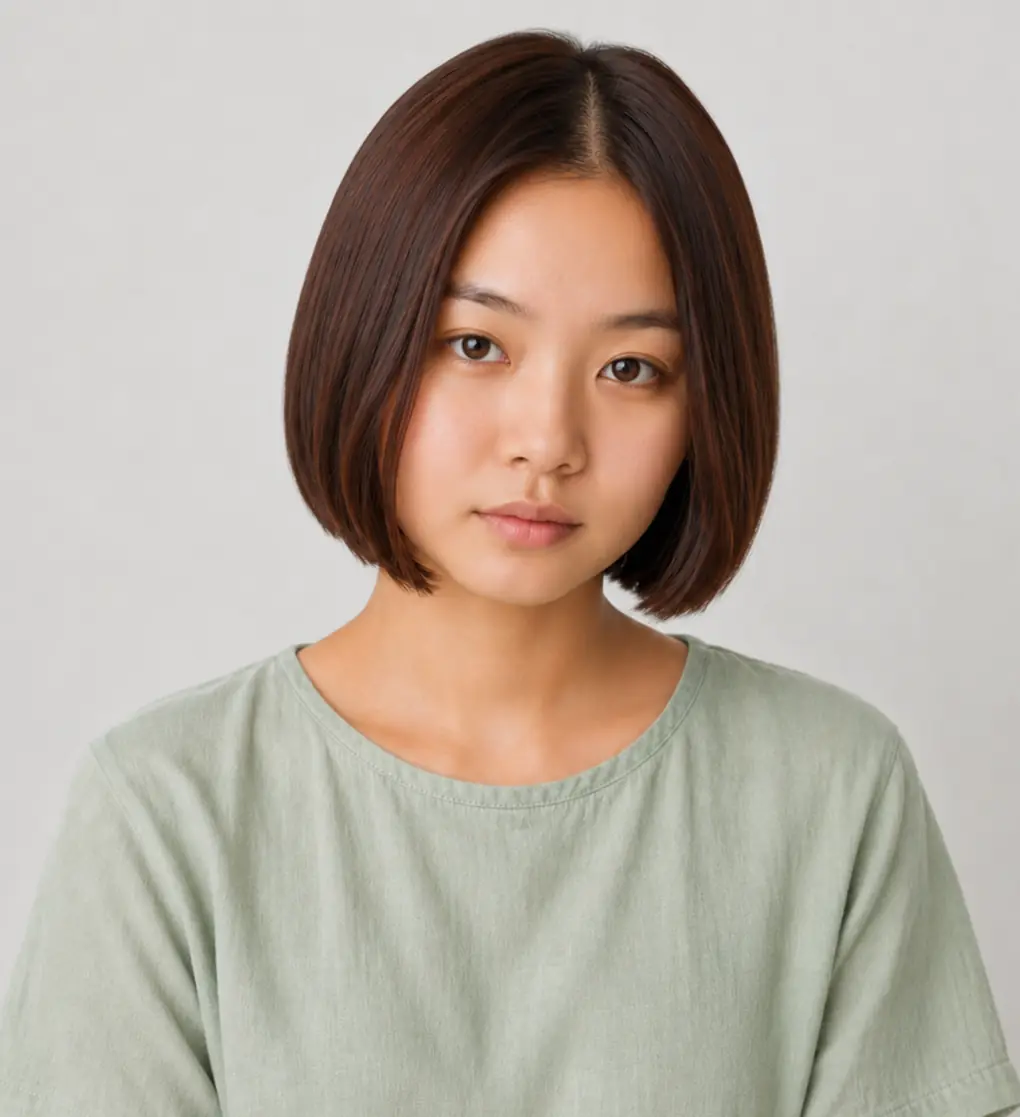 Dark glossy blunt bob at chin length with a sharp, polished line on straight hair