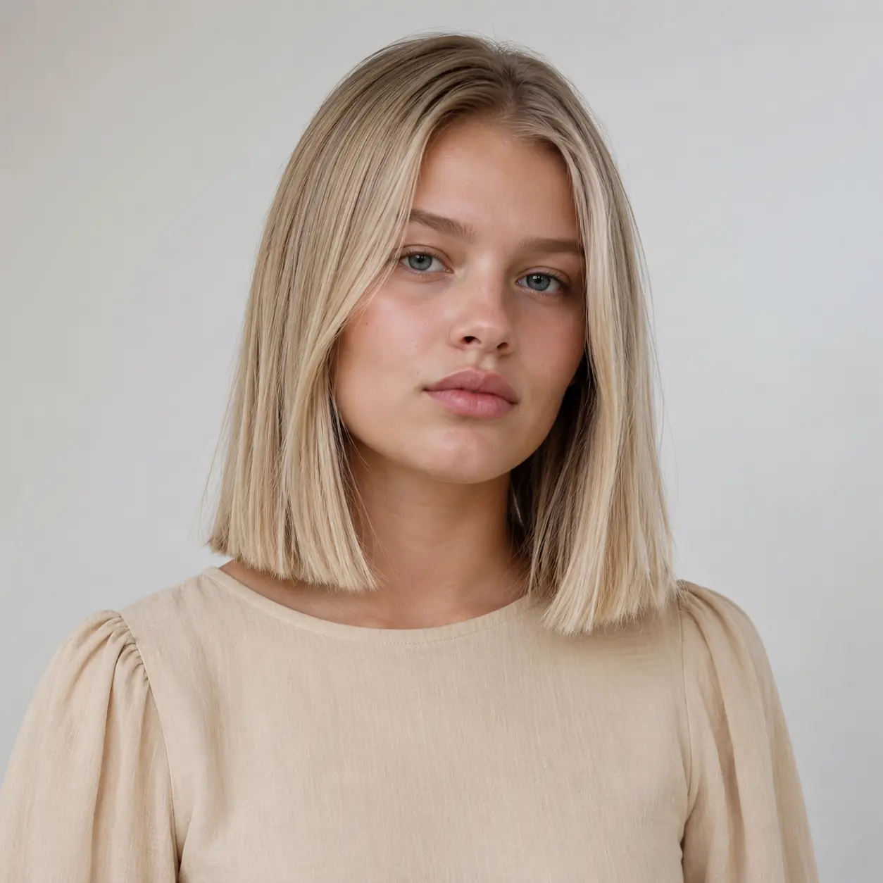 Blonde blunt lob with a center part and a glossy, minimal clean-girl finish