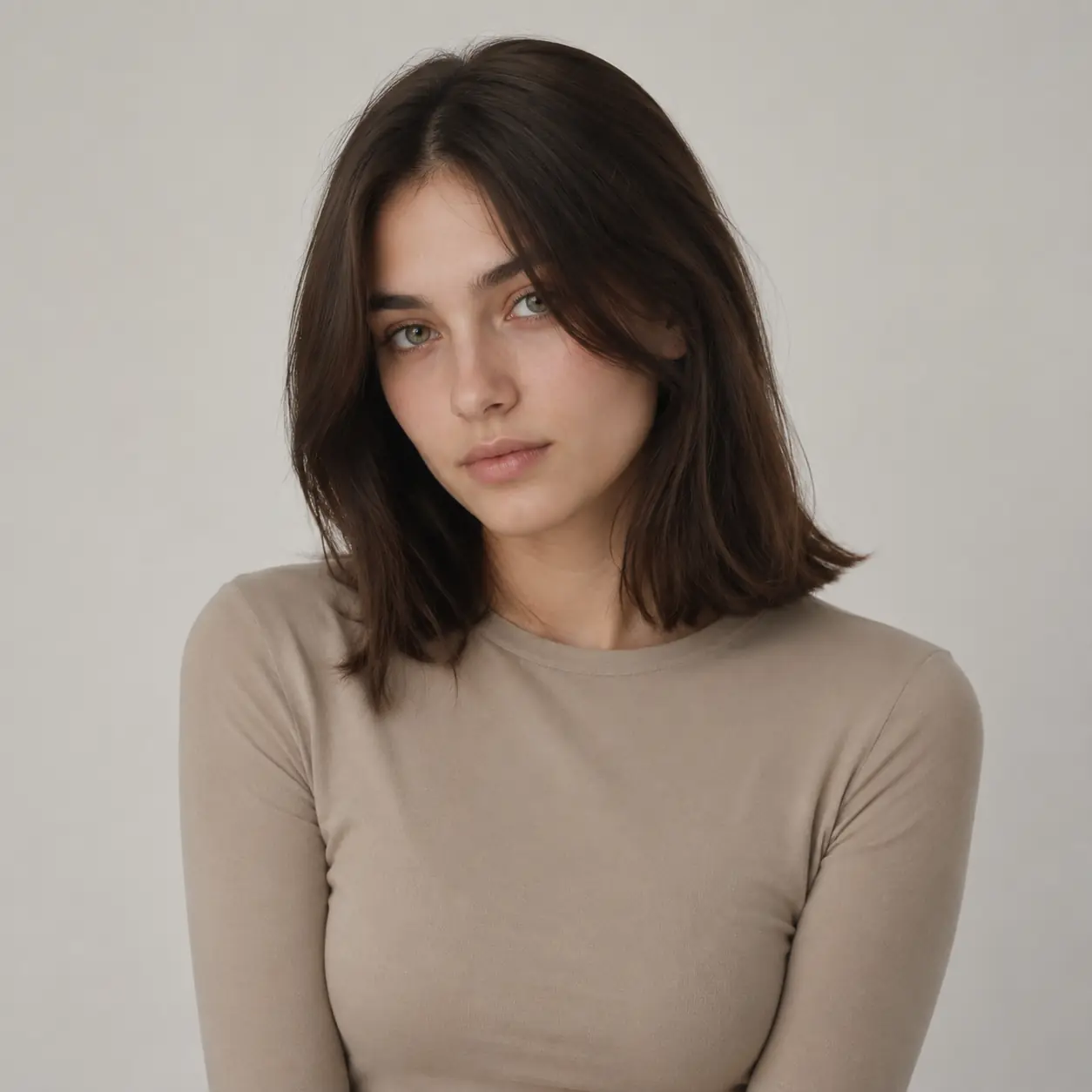 Dark sleek lob with a center part and a glossy minimalist finish