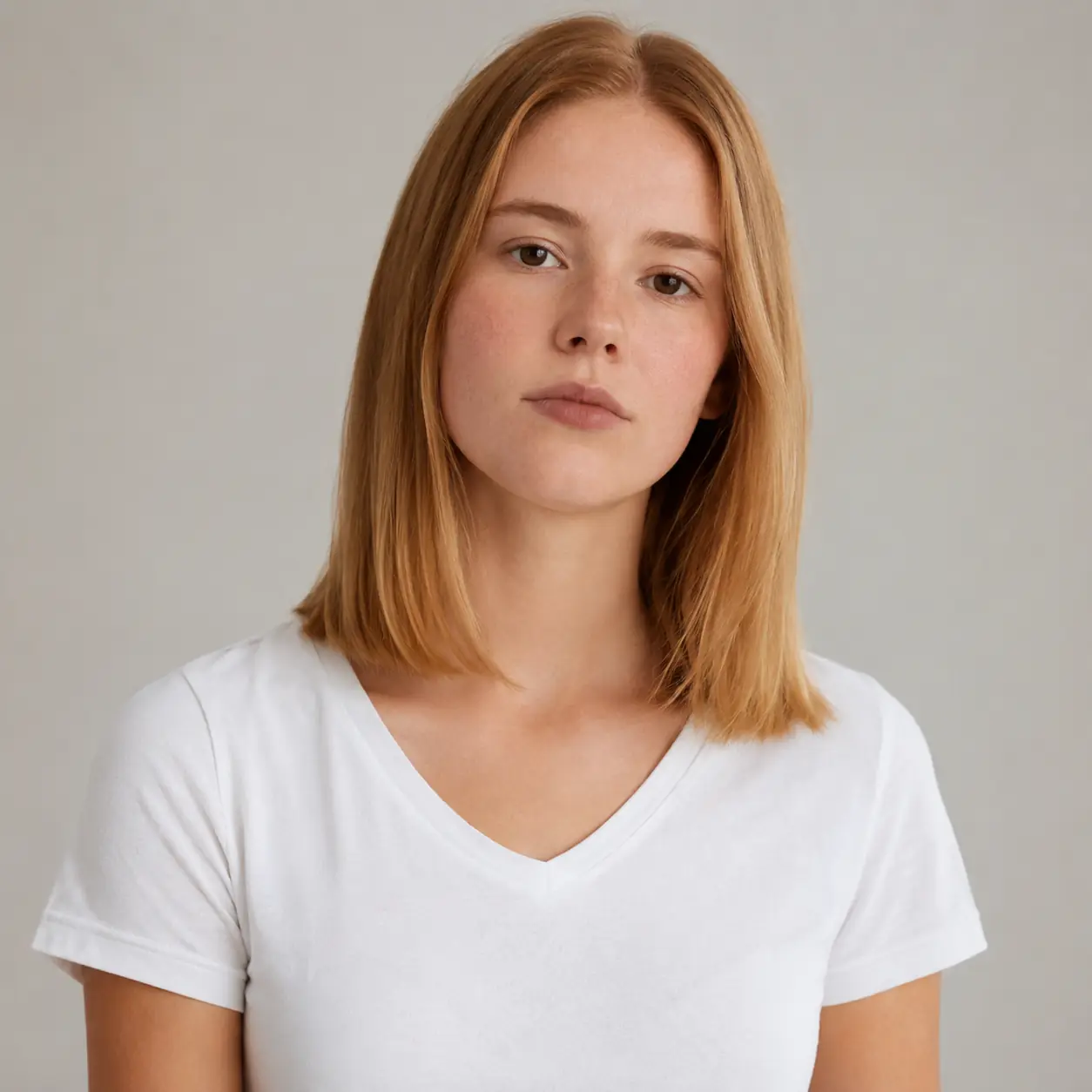 Sleek copper-blonde lob with a center part and a warm glossy finish