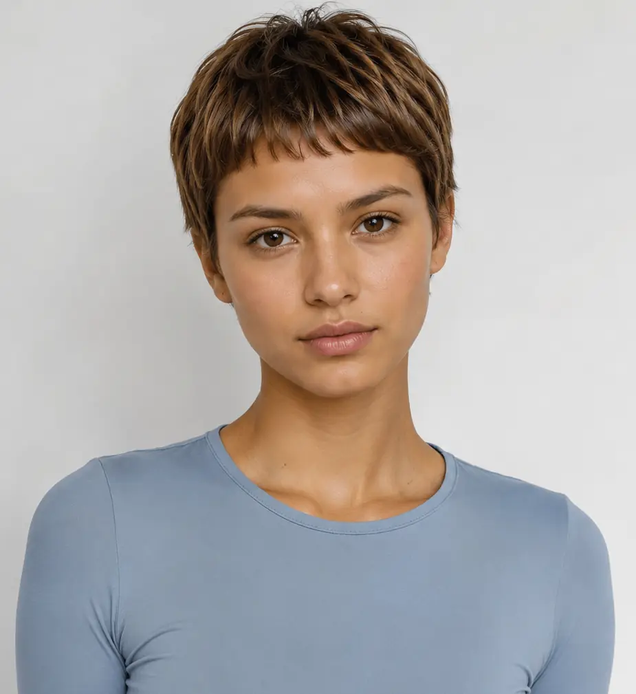 Short brown pixie with piecey texture on a heart-shaped face