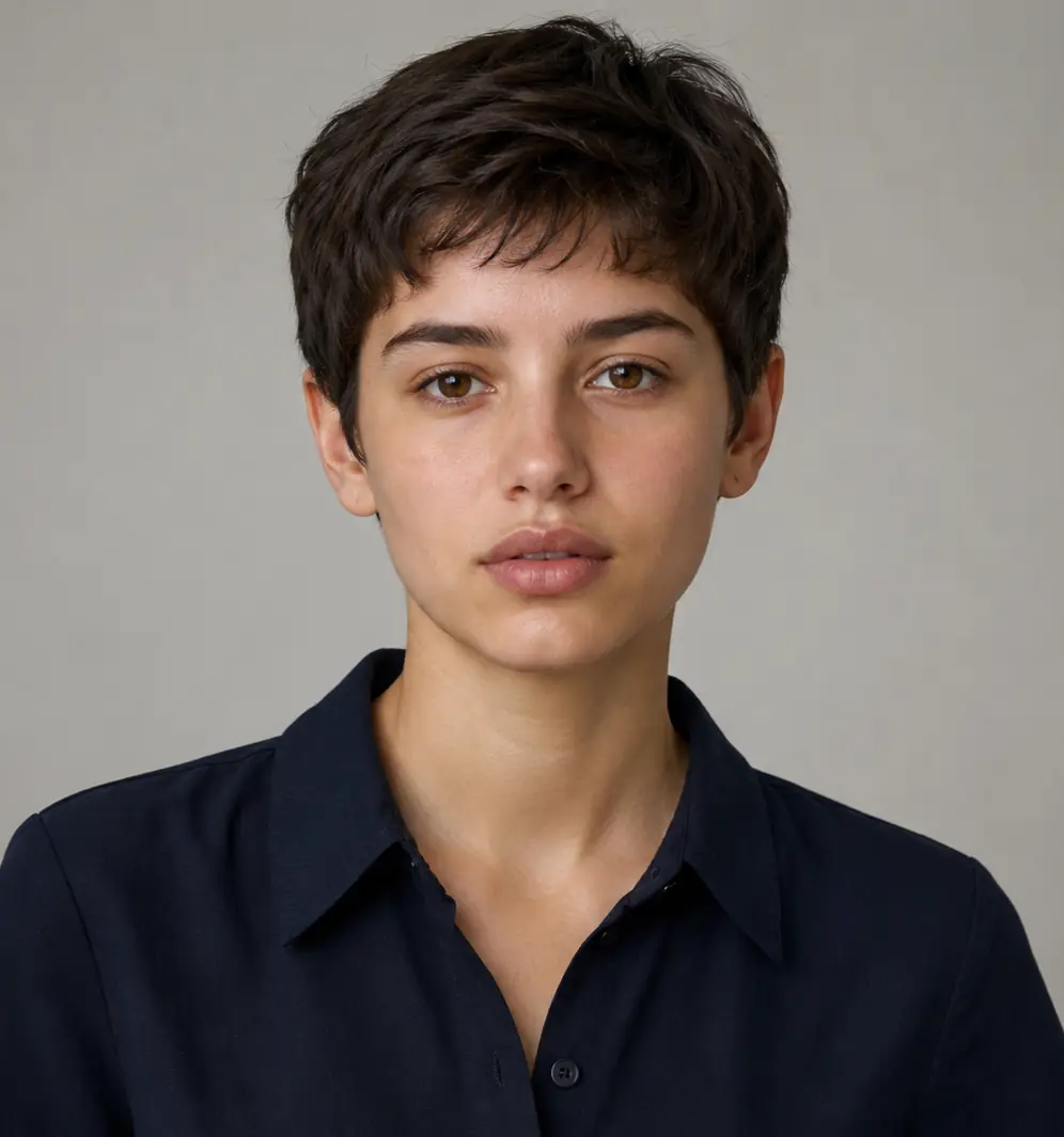 Short dark textured pixie crop with piecey layers on an oval face
