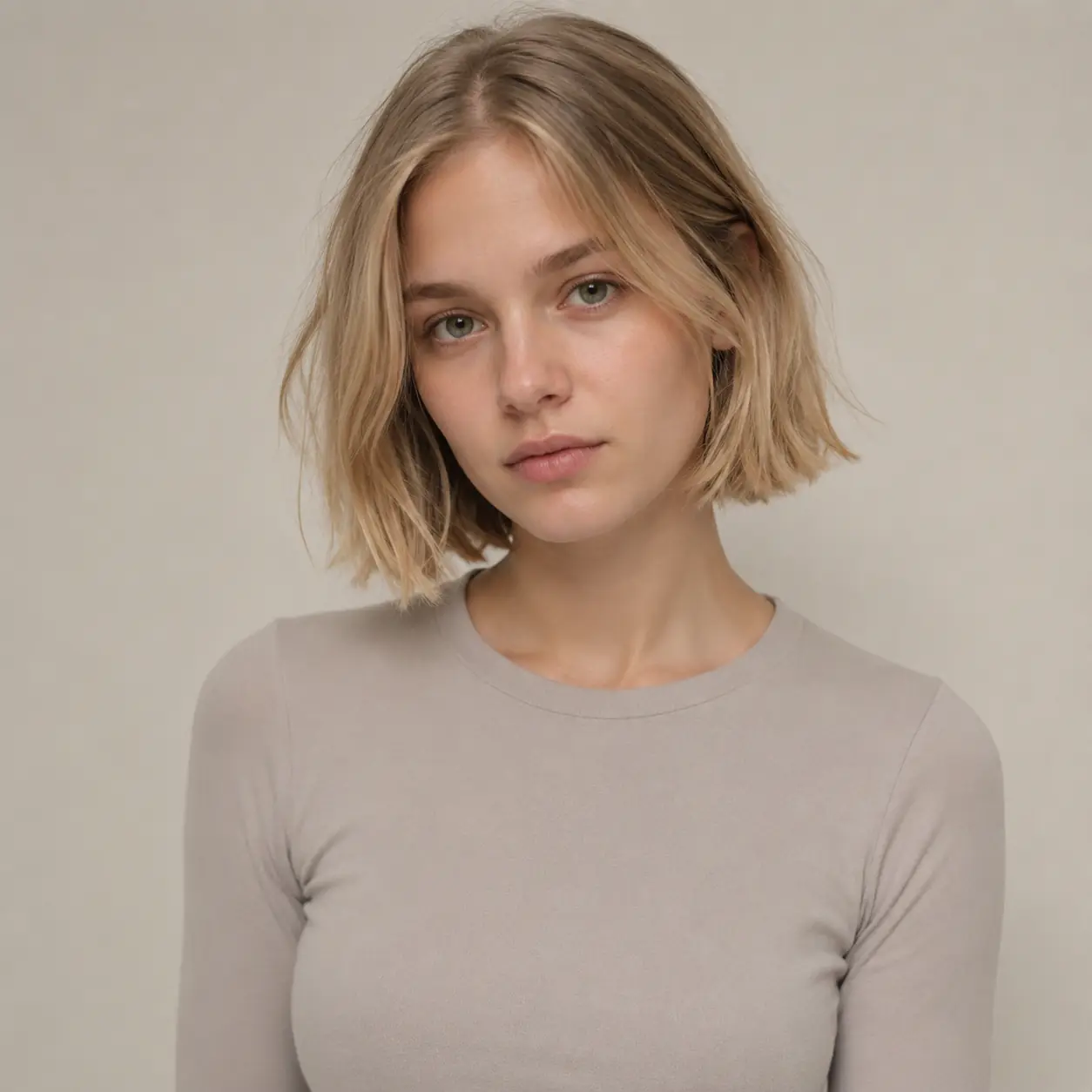 Soft tousled blonde bob at chin length with easy casual texture