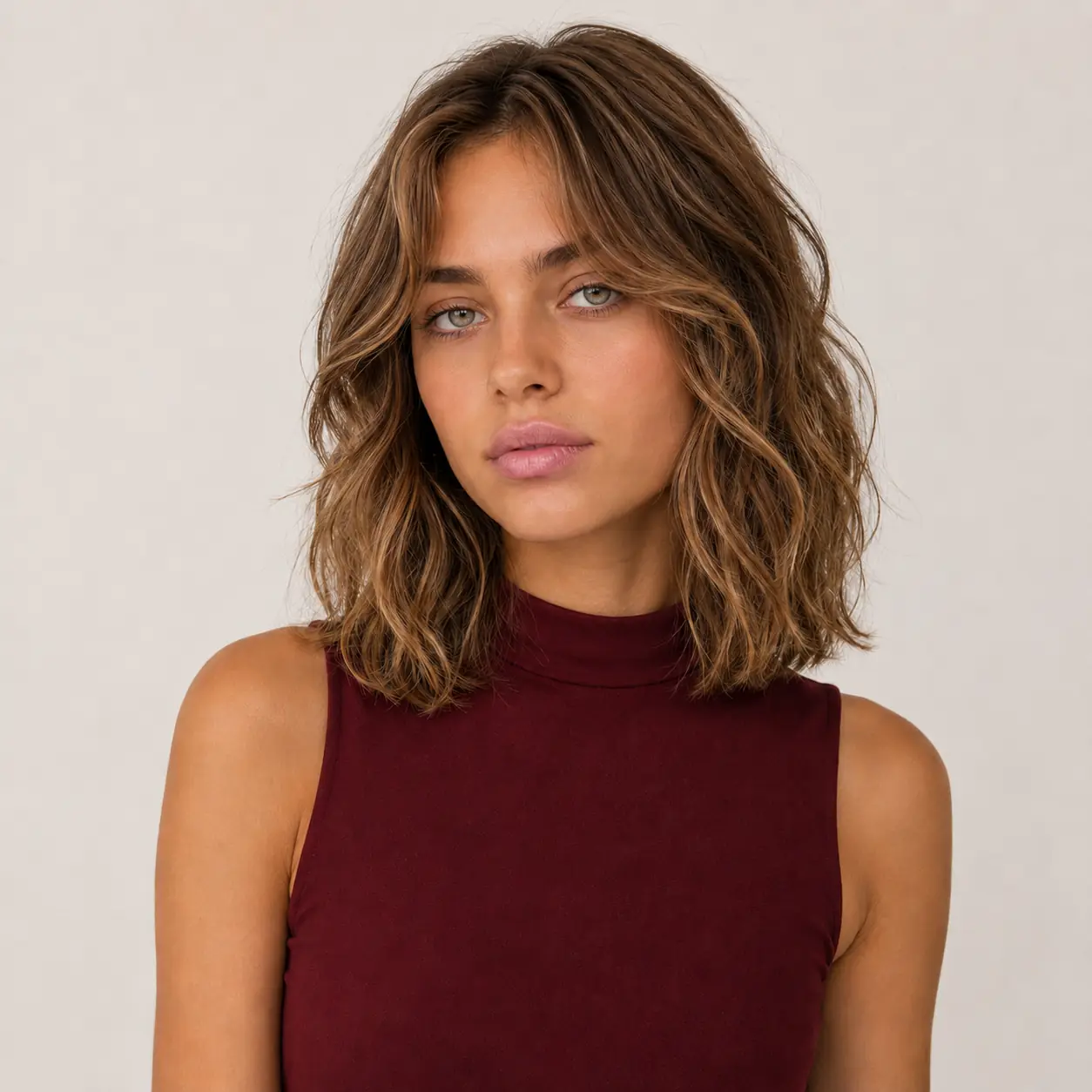 Tousled bronde lob with balayage and soft sun-kissed beachy waves