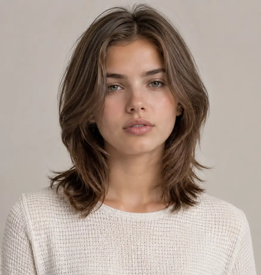 Brown lob with soft internal layers and easy tousled movement